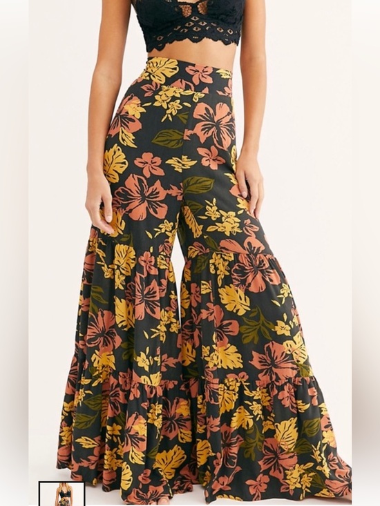 Free People Pants - Free People Women Large Floral Print Tiered Wide Leg Pants Vacation Tropical